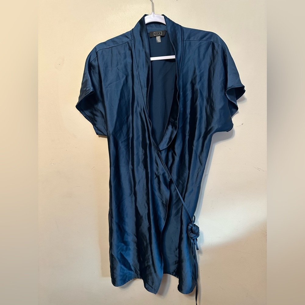 AYR Wrap Robe Dress Teal Satin Tie Waist Collar Short Sleeve Mini Size Small